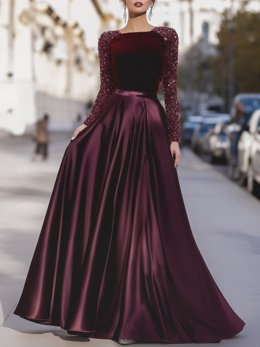 Léon Varel Velvet Sequin Sleeve Gown With Satin Skirt