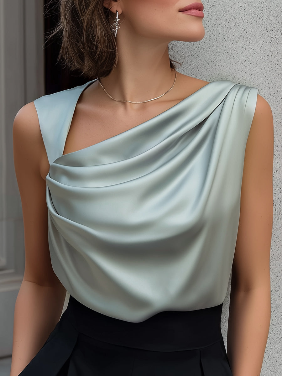 Léon Varel Elegant Sleeveless Satin Draped Neck Blouse