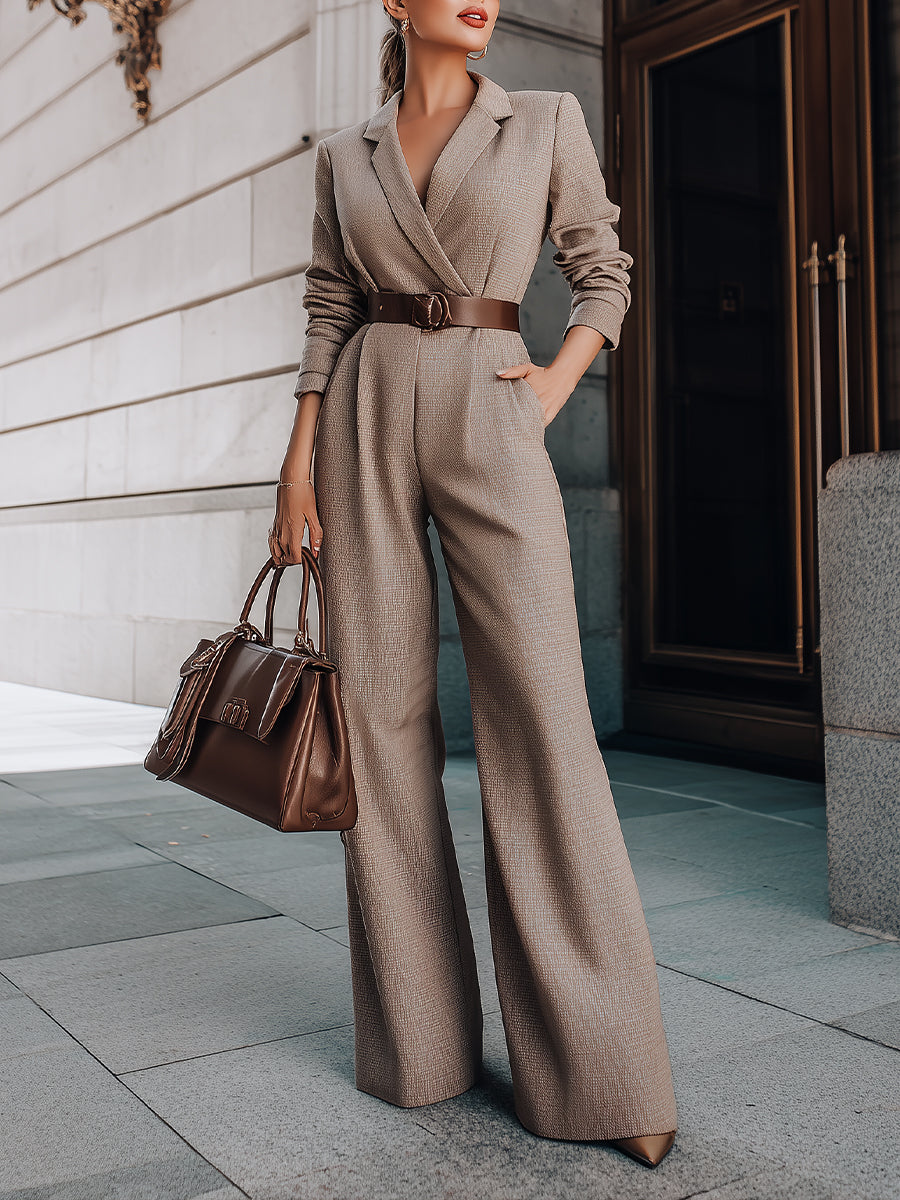 Léon Varel Taupe Belted Blazer Jumpsuit With Wide-Leg Silhouette