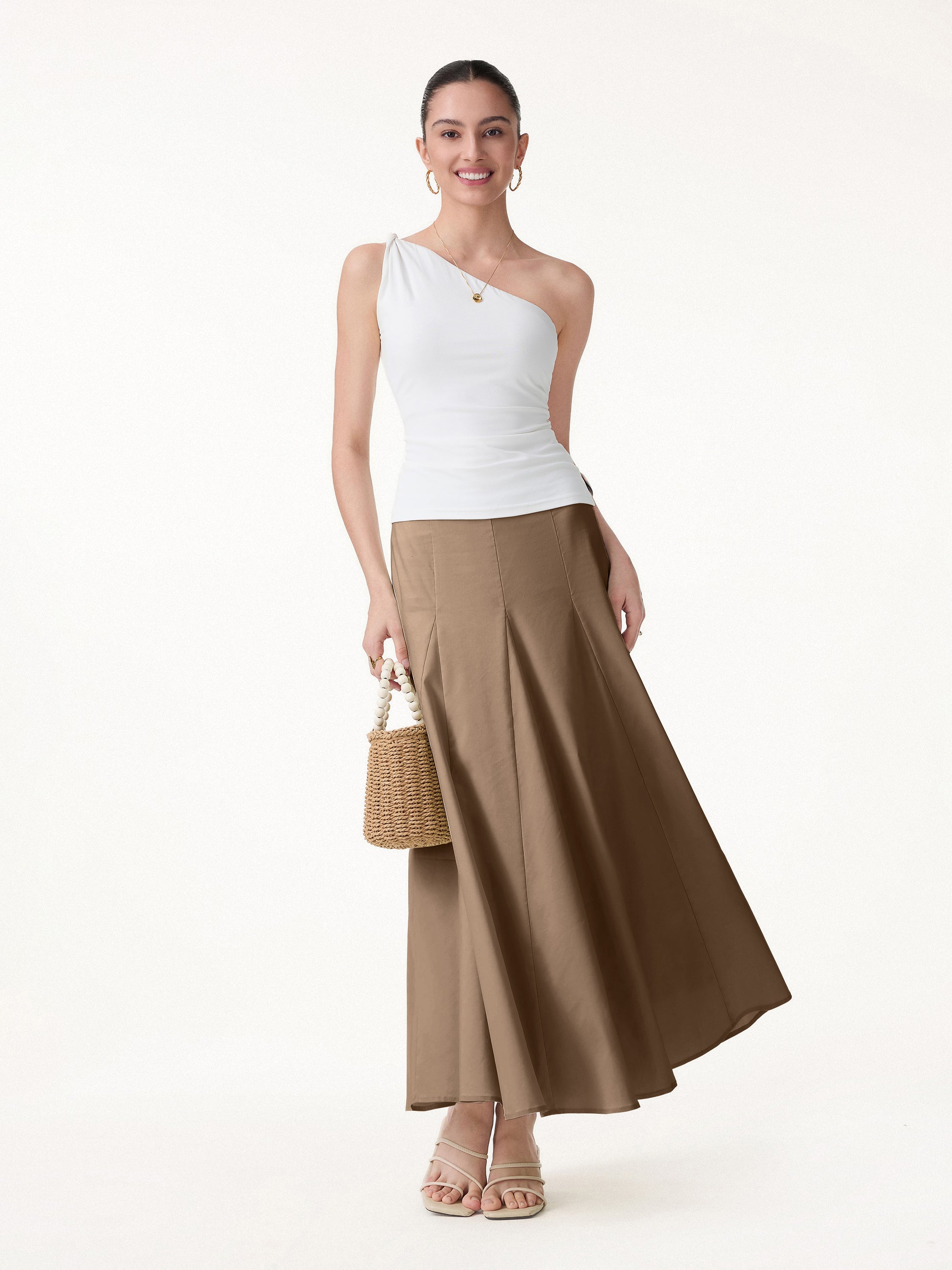 Wrinkle-Resistant Linen Blend Maxi Flare Skirt