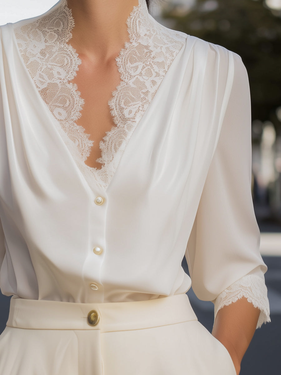 Léon Varel Lace-Trimmed V-Neck Chiffon Button-Up Blouse