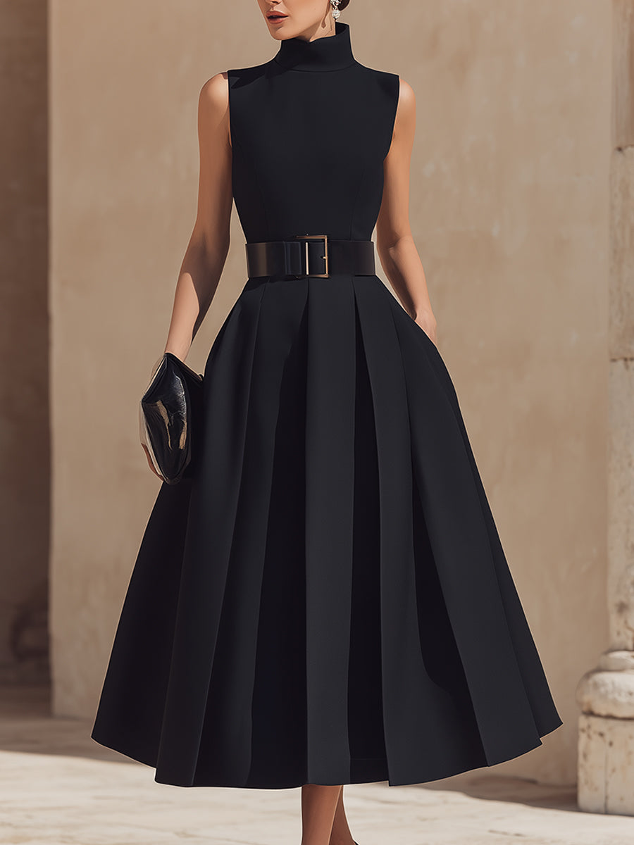 Léon Varel Belted High-Neck Pleated Maxi Dress