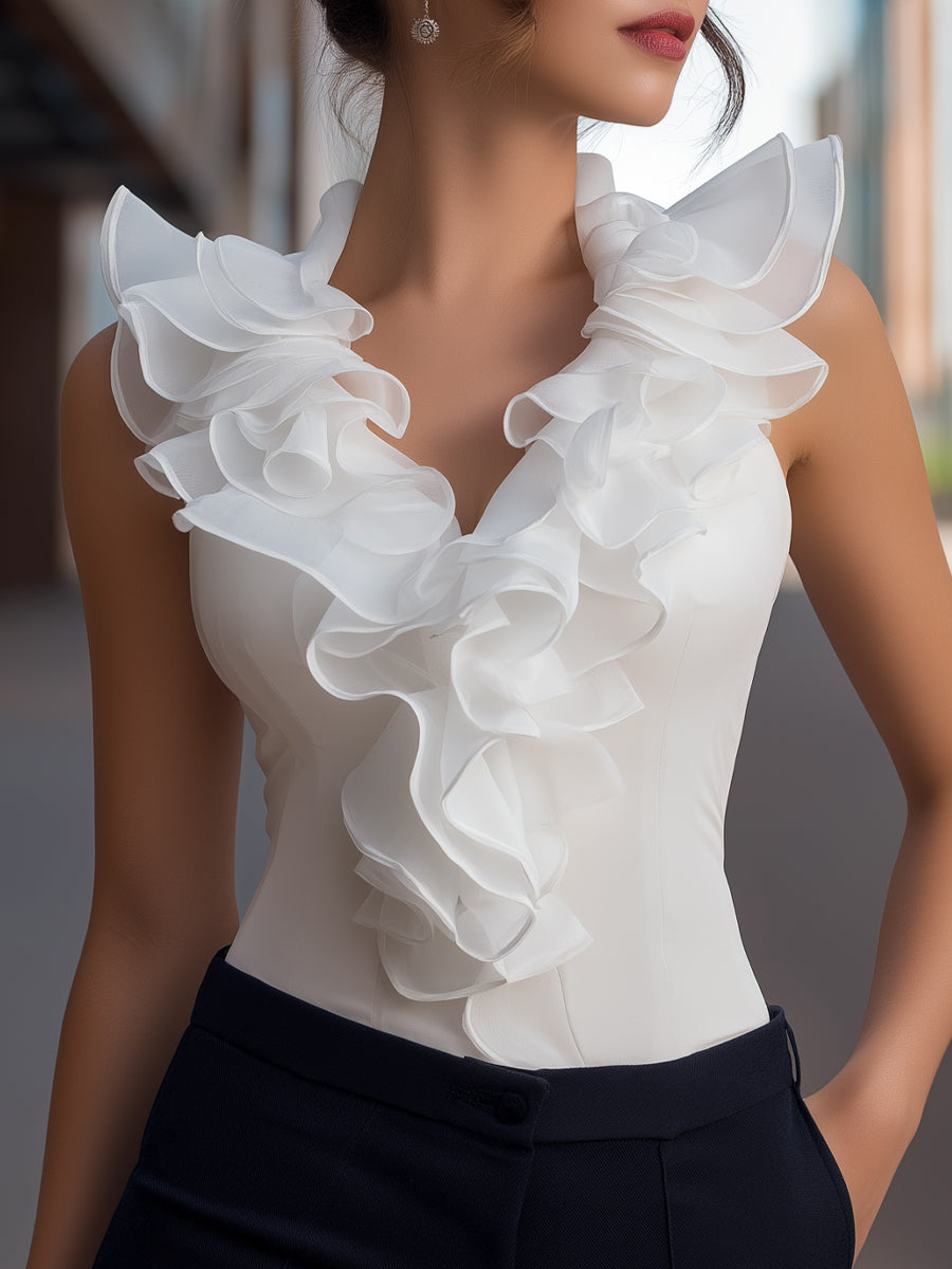Léon Varel Sleeveless Chiffon Ruffled V-Neck Top