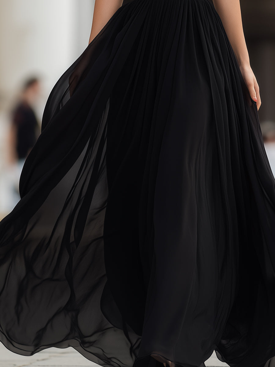 Léon Varel Black Halter Neck Pleated Chiffon Maxi Dress