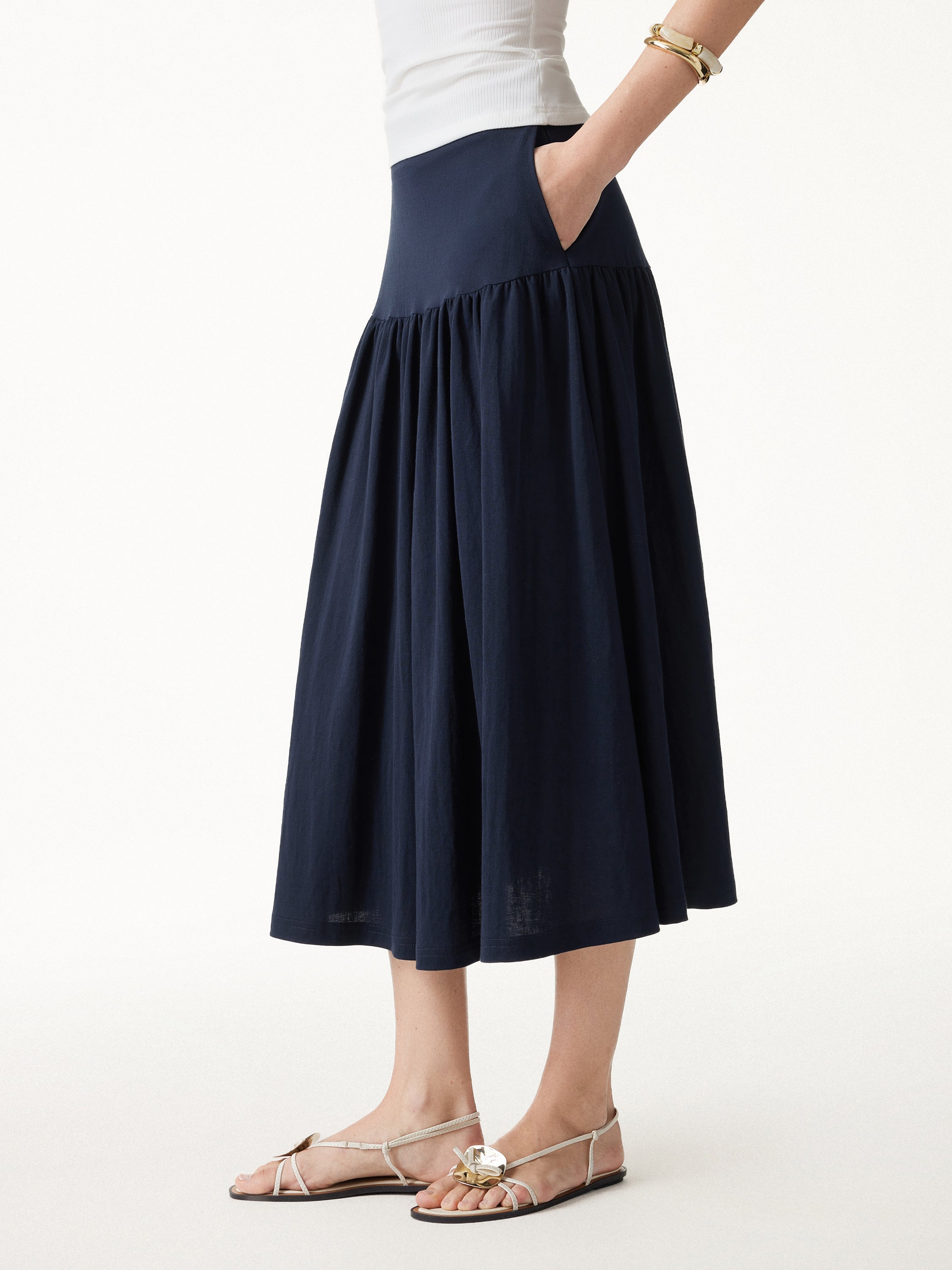 Cotton-Linen Gathered Midi Skirt with Pockets