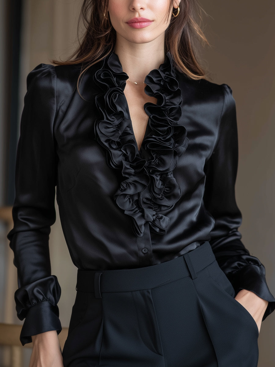 Léon Varel Black Satin Ruffled V-Neck Long Sleeve Blouse