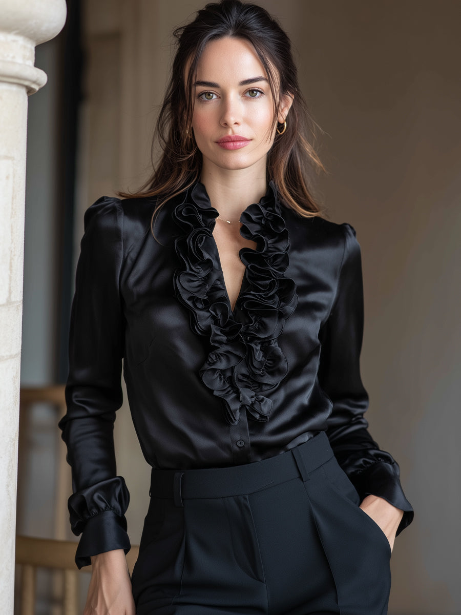 Léon Varel Black Satin Ruffled V-Neck Long Sleeve Blouse