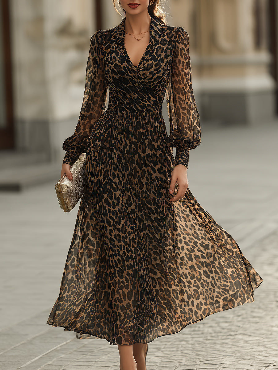 Léon Varel Leopard Print Wrap Midi Dress With Long Sleeves