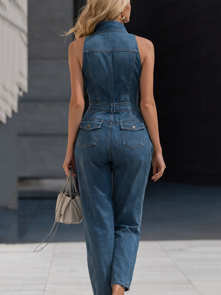 Léon Varel Denim Halter Neck Zip-Front Cropped-Leg Jumpsuit