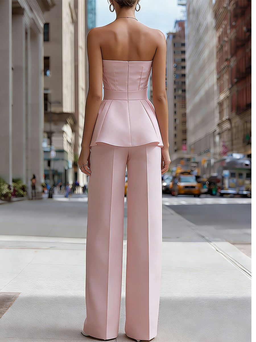 Léon Varel Strapless Peplum Bow Top And Tailored Wide-Leg Pants Set