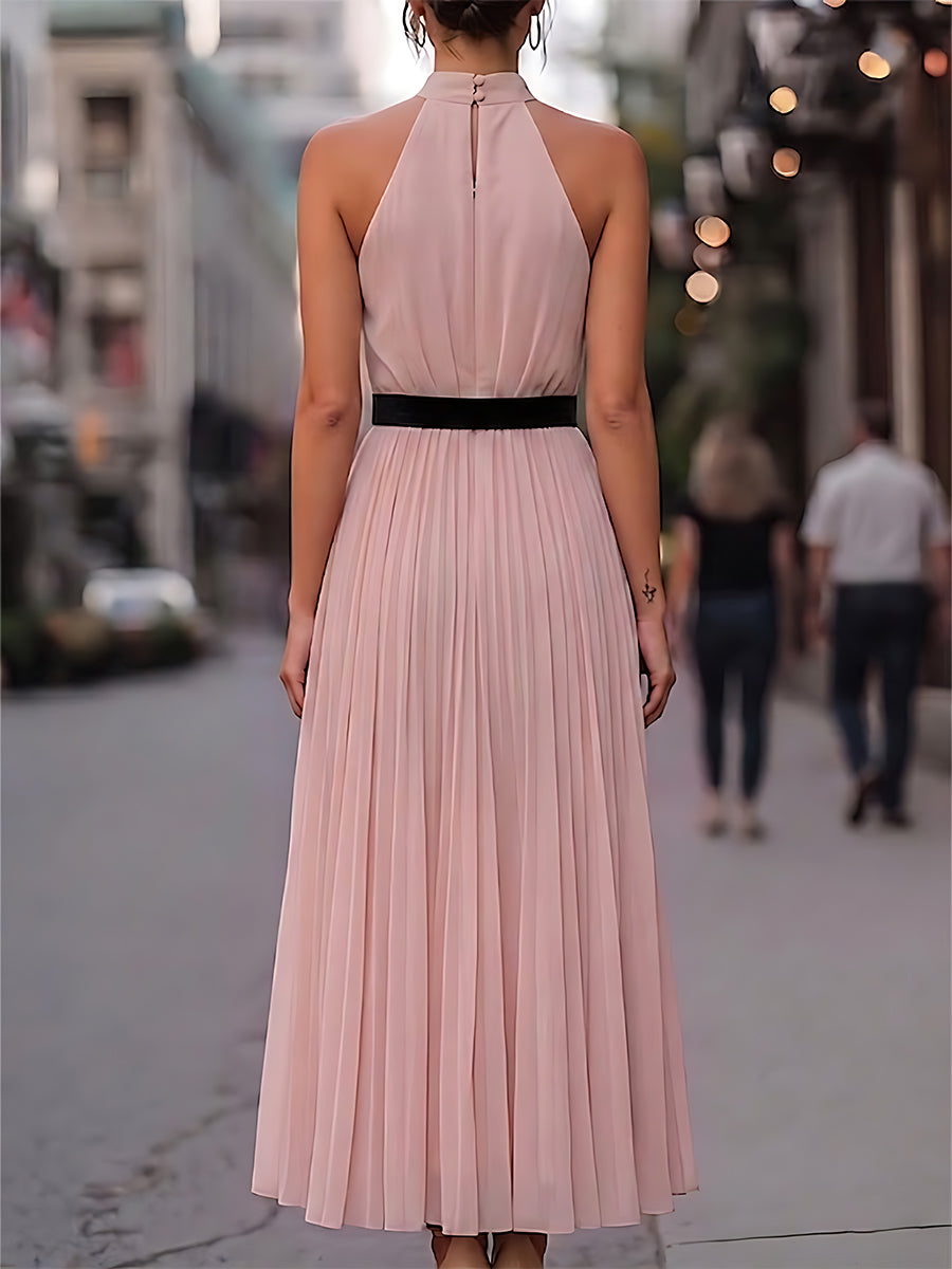 Léon Varel Pleated Halter Neck Maxi Dress With Velvet Bow Detail