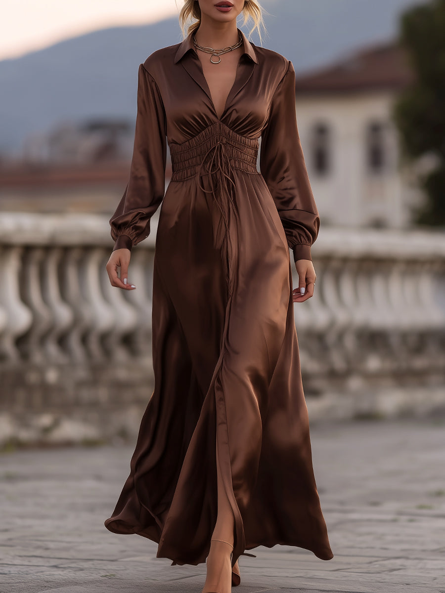 Léon Varel Mooyius Satin Cinched Waist Maxi Dress In Mocha Brown