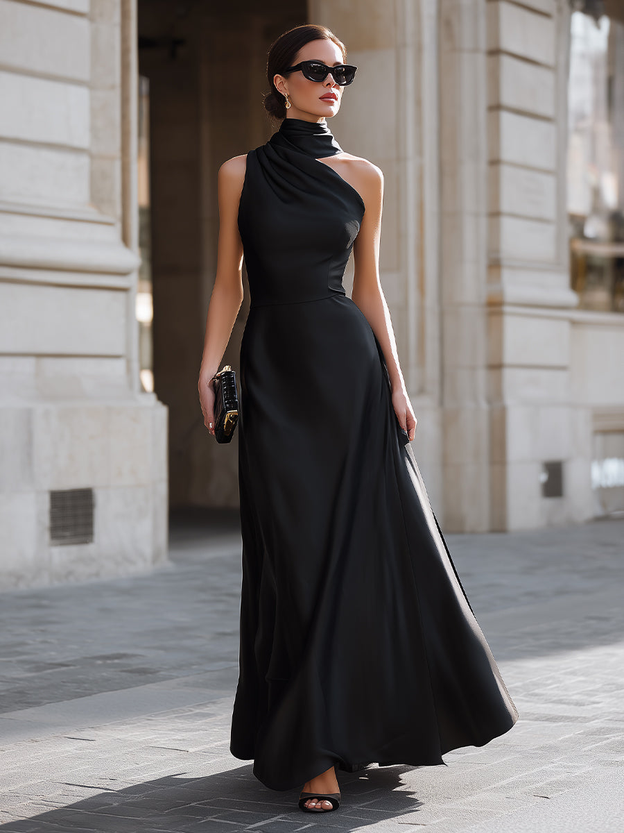 Léon Varel One-Shoulder Draped High-Neck Maxi Dress