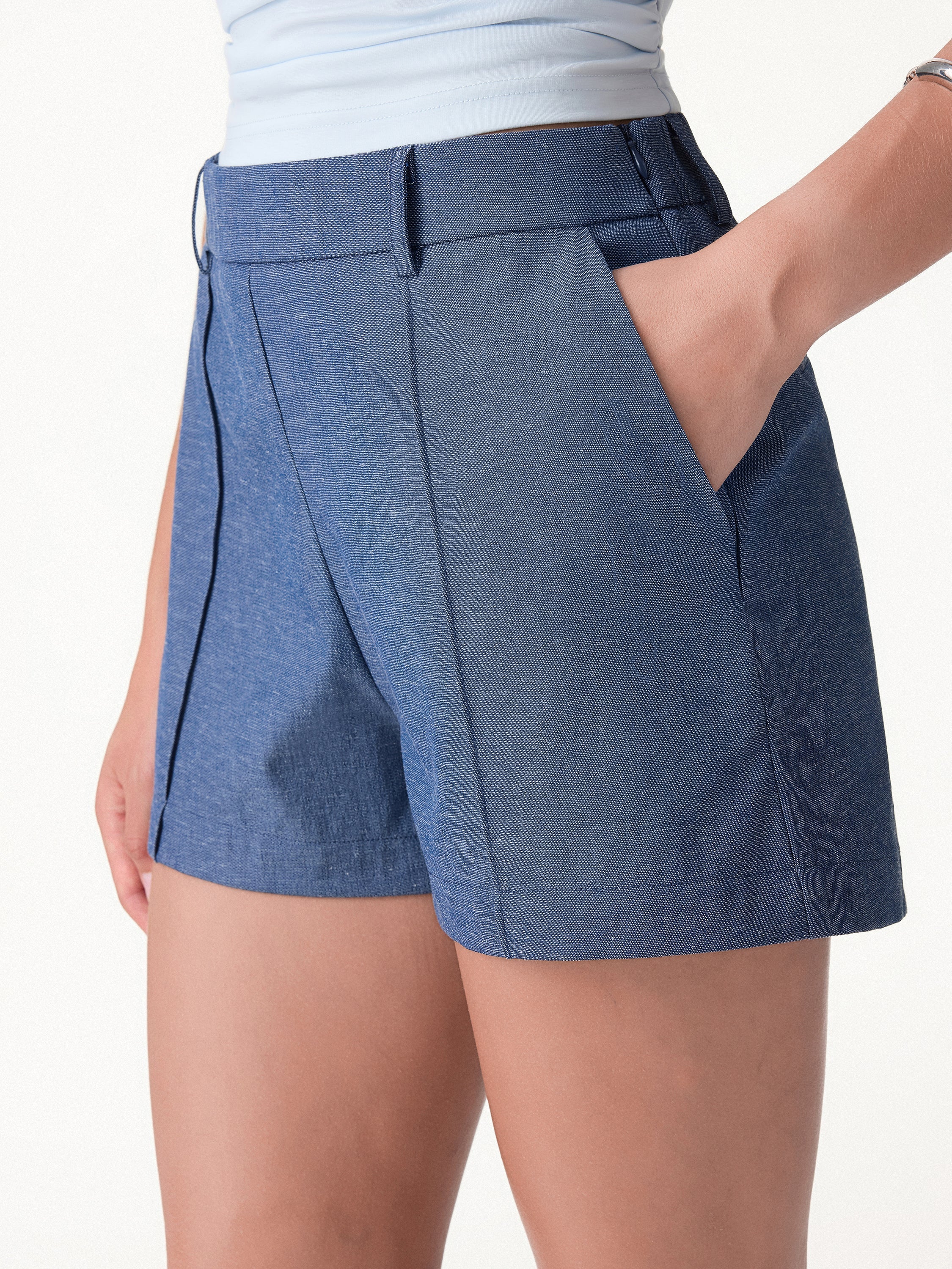 Linen-Like Mid Rise Pintuck Shorts with Pockets
