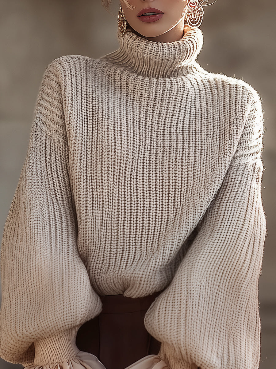 Léon Varel Cream Knit Turtleneck Sweater With Ruffled Cuffs