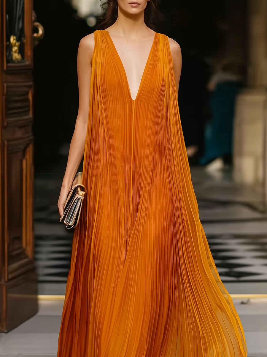 Léon Varel Deep V-Neck Pleated Flowing Maxi Dress