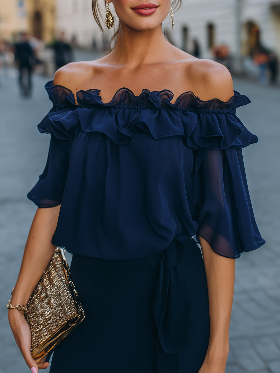 Léon Varel Off-Shoulder Ruffled Chiffon Top
