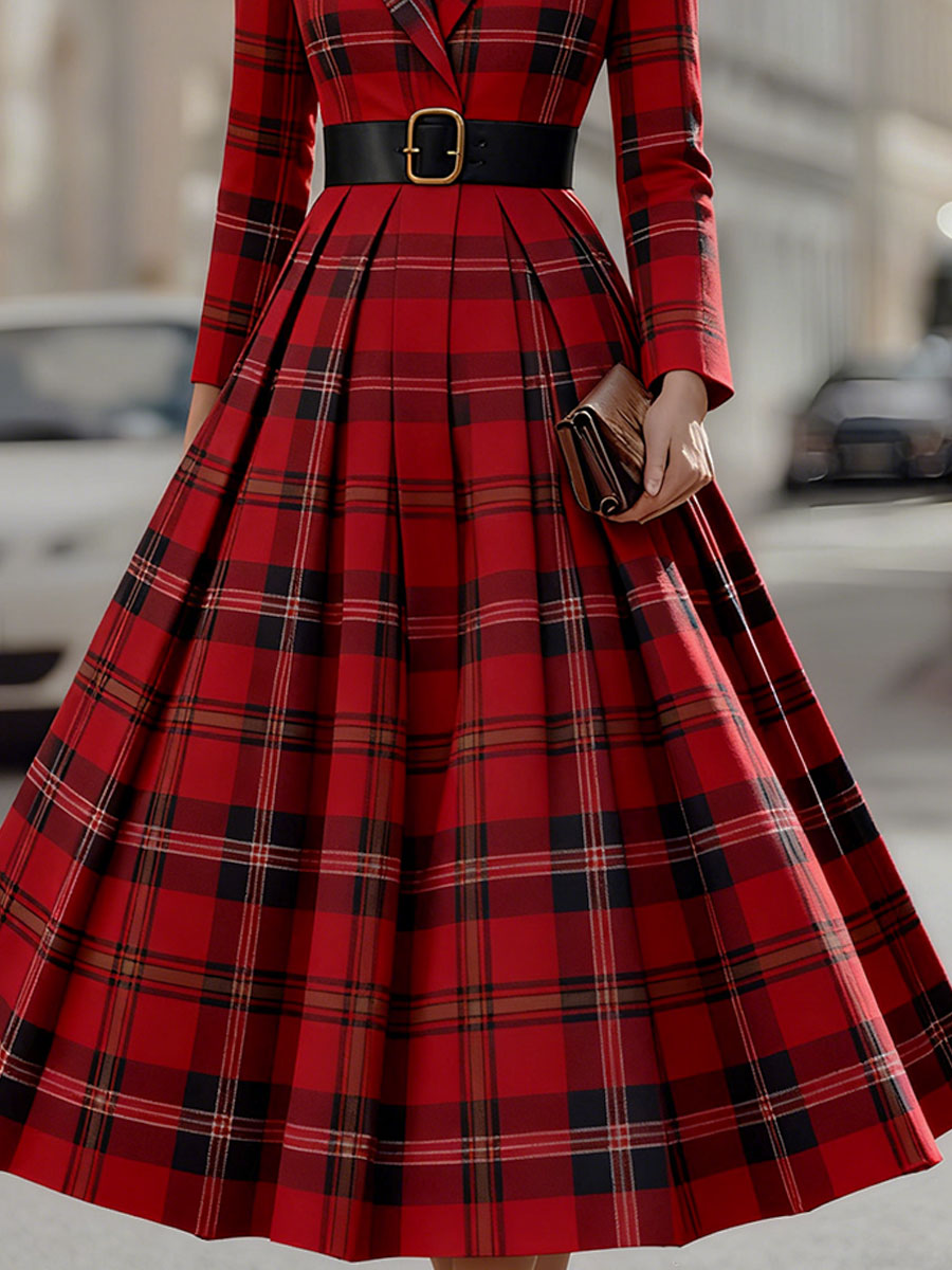Léon Varel Mooyius Statement Red Plaid Trench Dress With Gold Buckle Belt