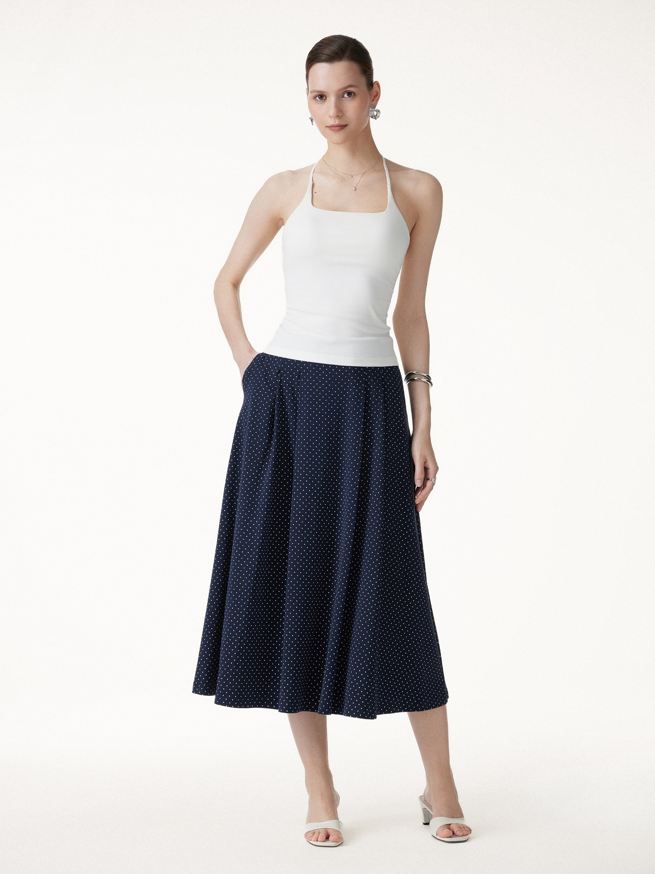 Polka Dots Flared Midi Skirt with Pockets