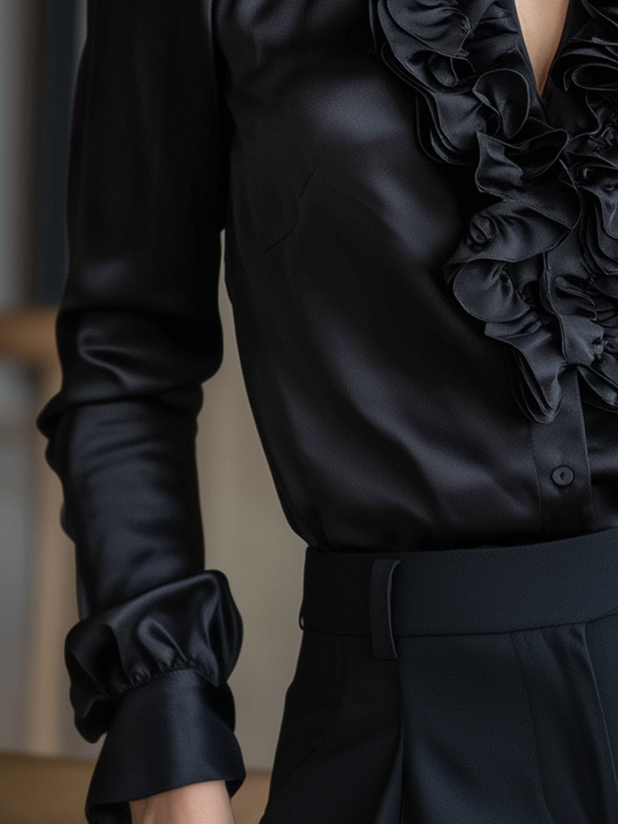 Léon Varel Black Satin Ruffled V-Neck Long Sleeve Blouse