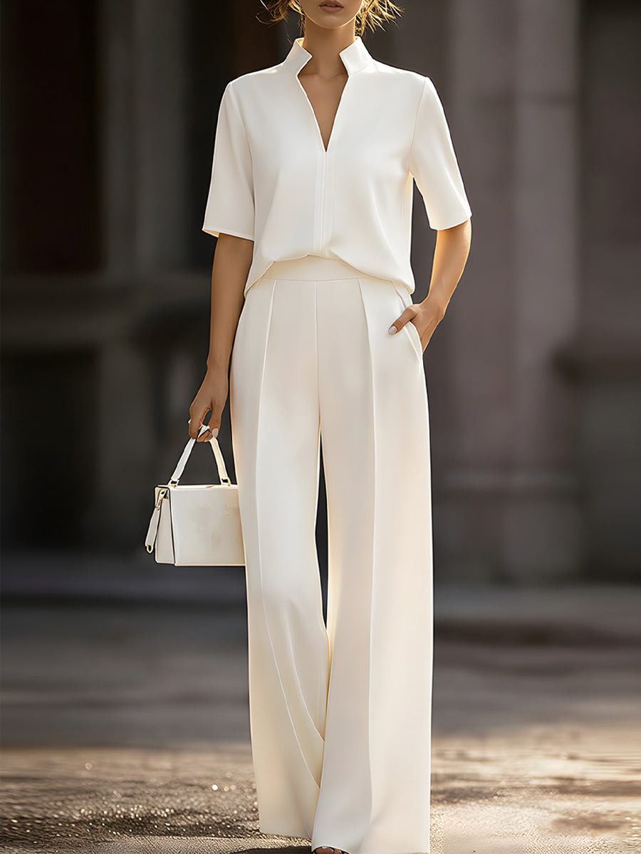Léon Varel Ivory Stand Collar Split Neck Blouse & Wide-Leg Pants Two-Piece Suit