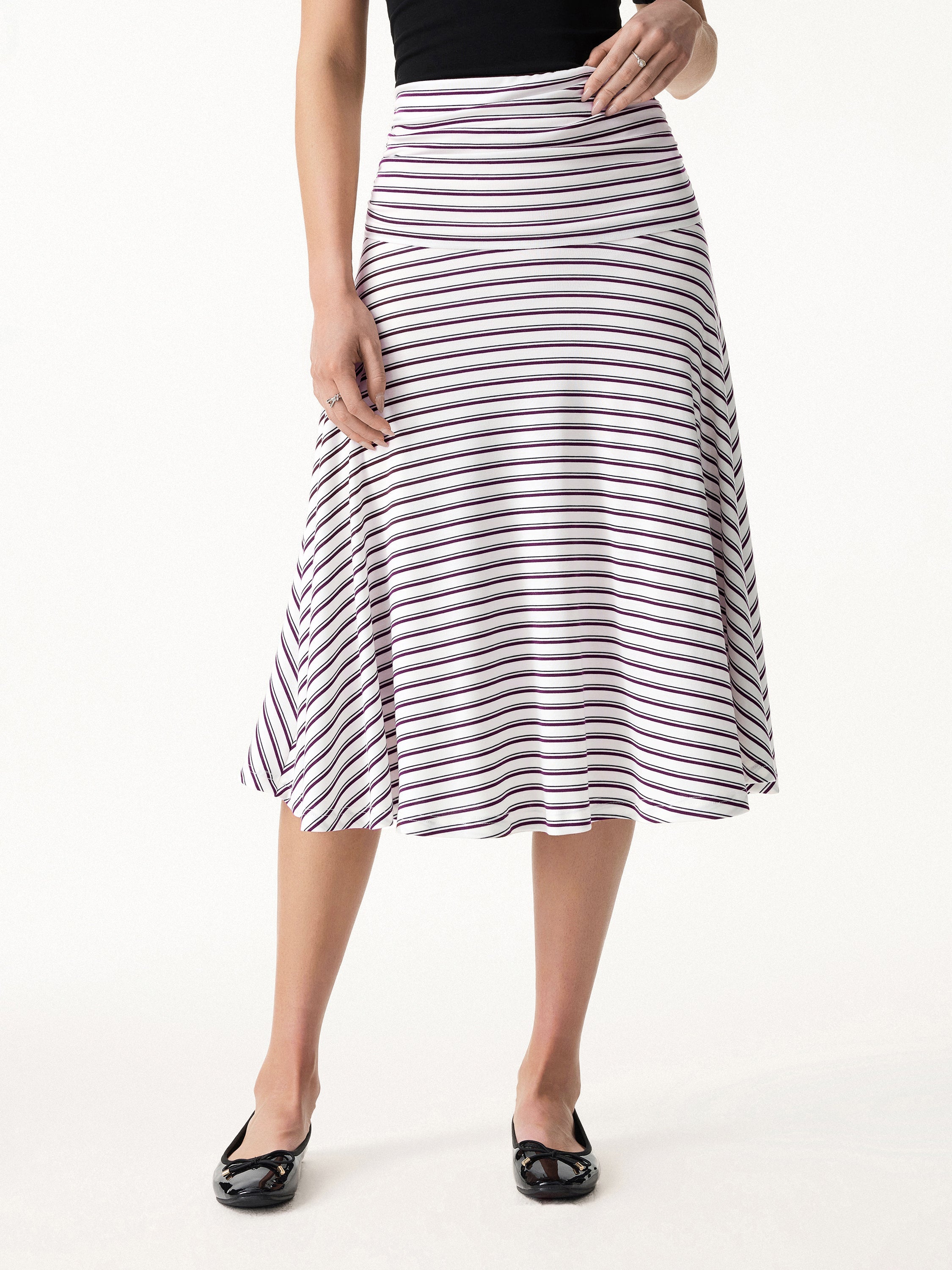 Flowy Striped Circle Flare Ruched Midi Skirt