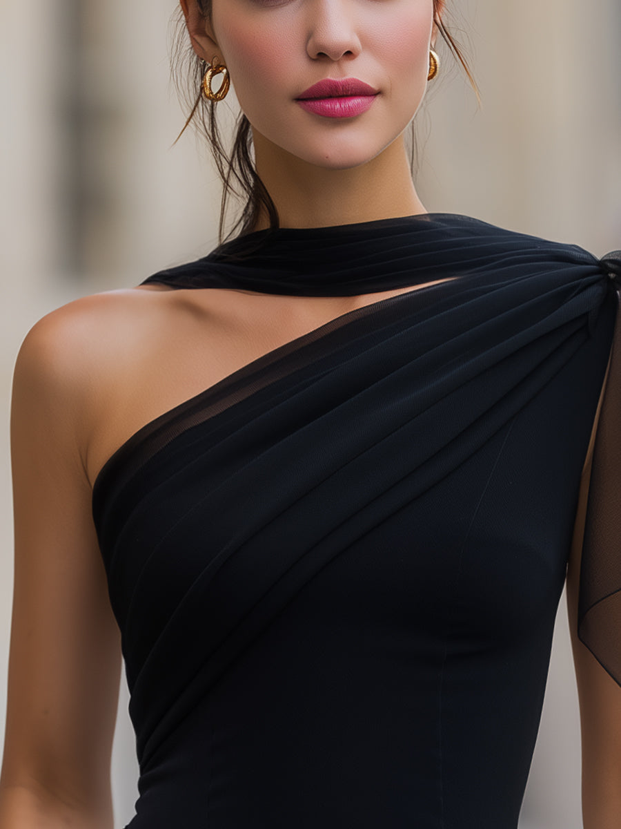 Léon Varel One-Shoulder Chiffon-Panel Draped Top Blouse