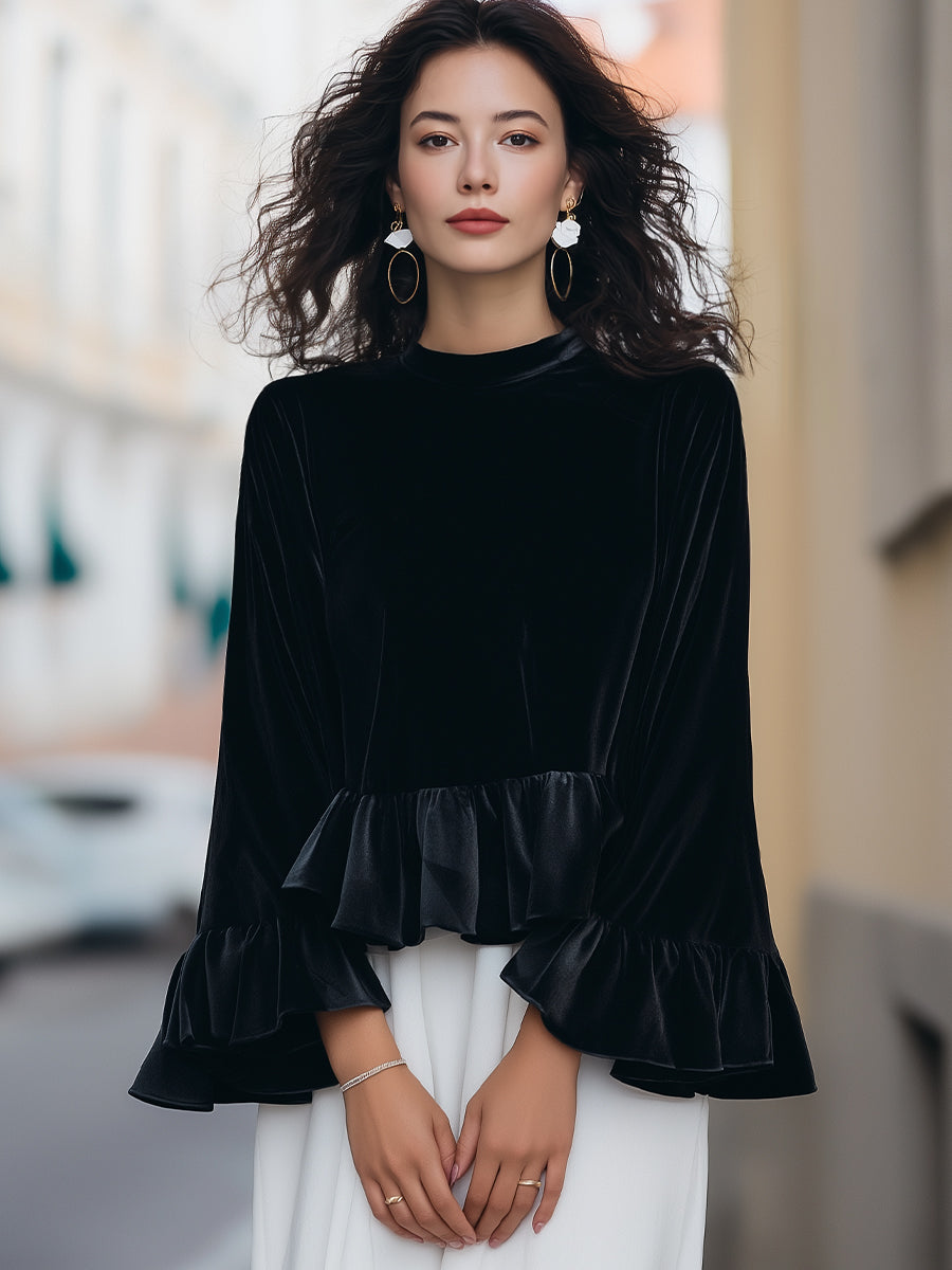 Léon Varel Round Neck Velvet Ruffle-Trim Blouse