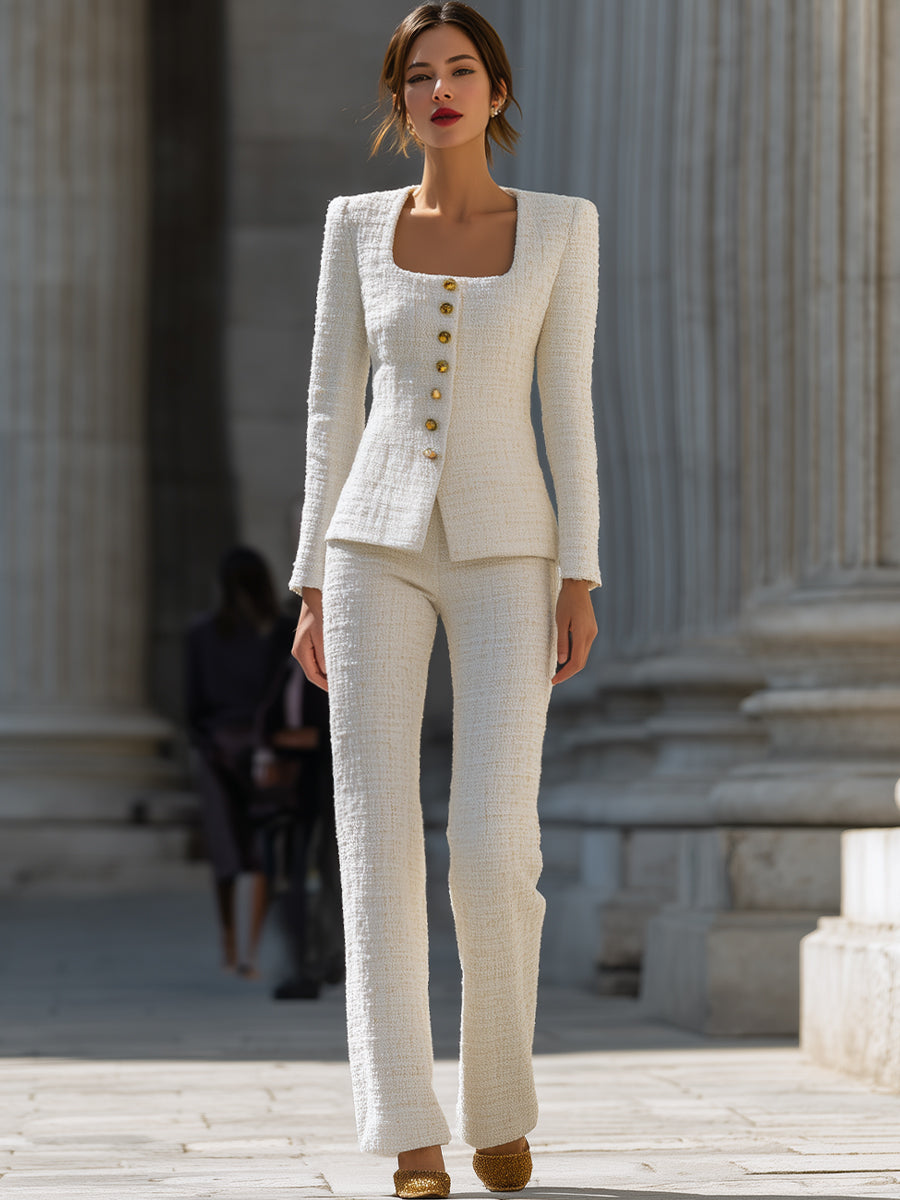 Léon Varel Ivory Tweed Square-Neck Suit Set