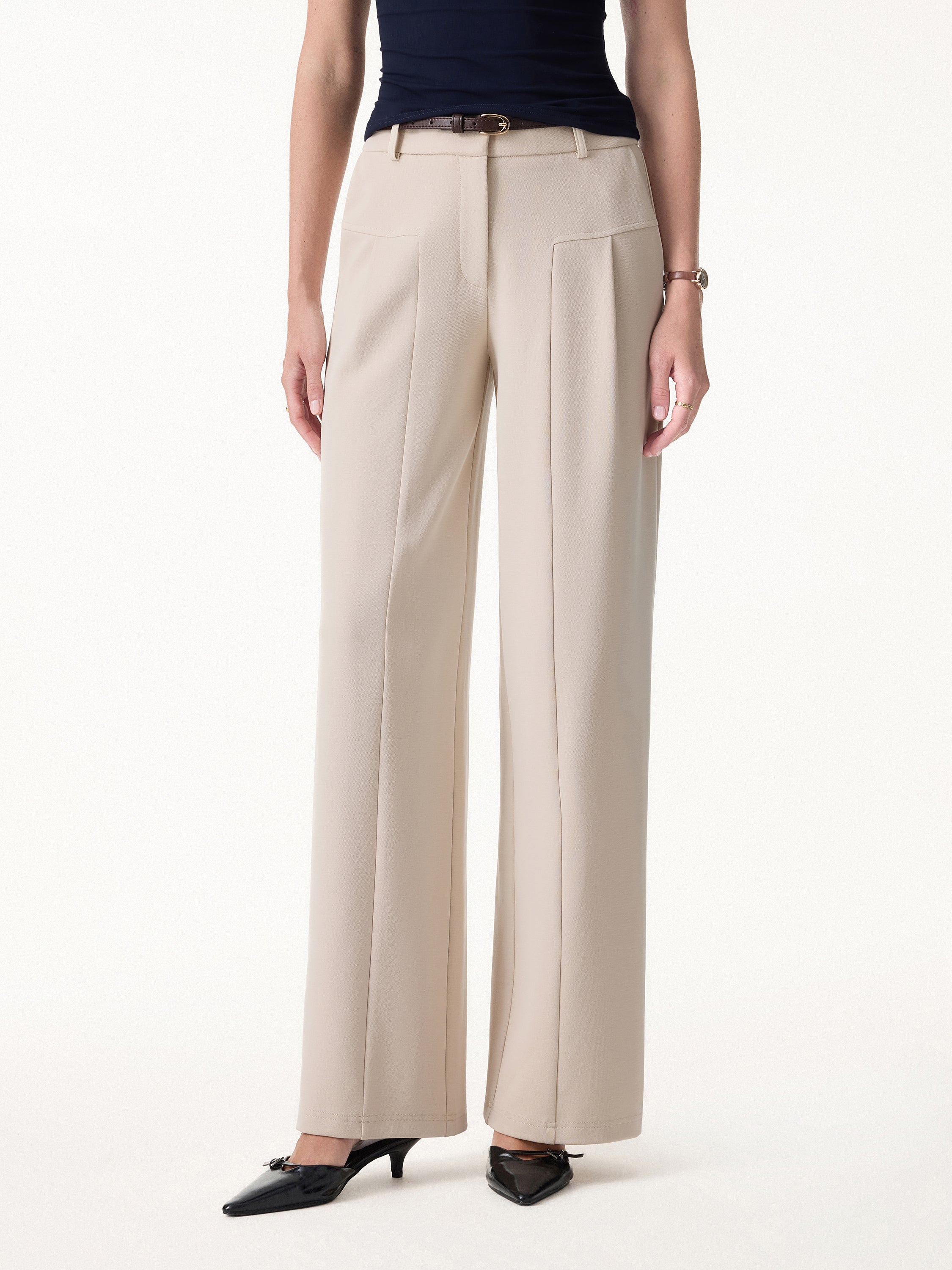 Stretch Cotton Mid Rise Wide Leg Trouser