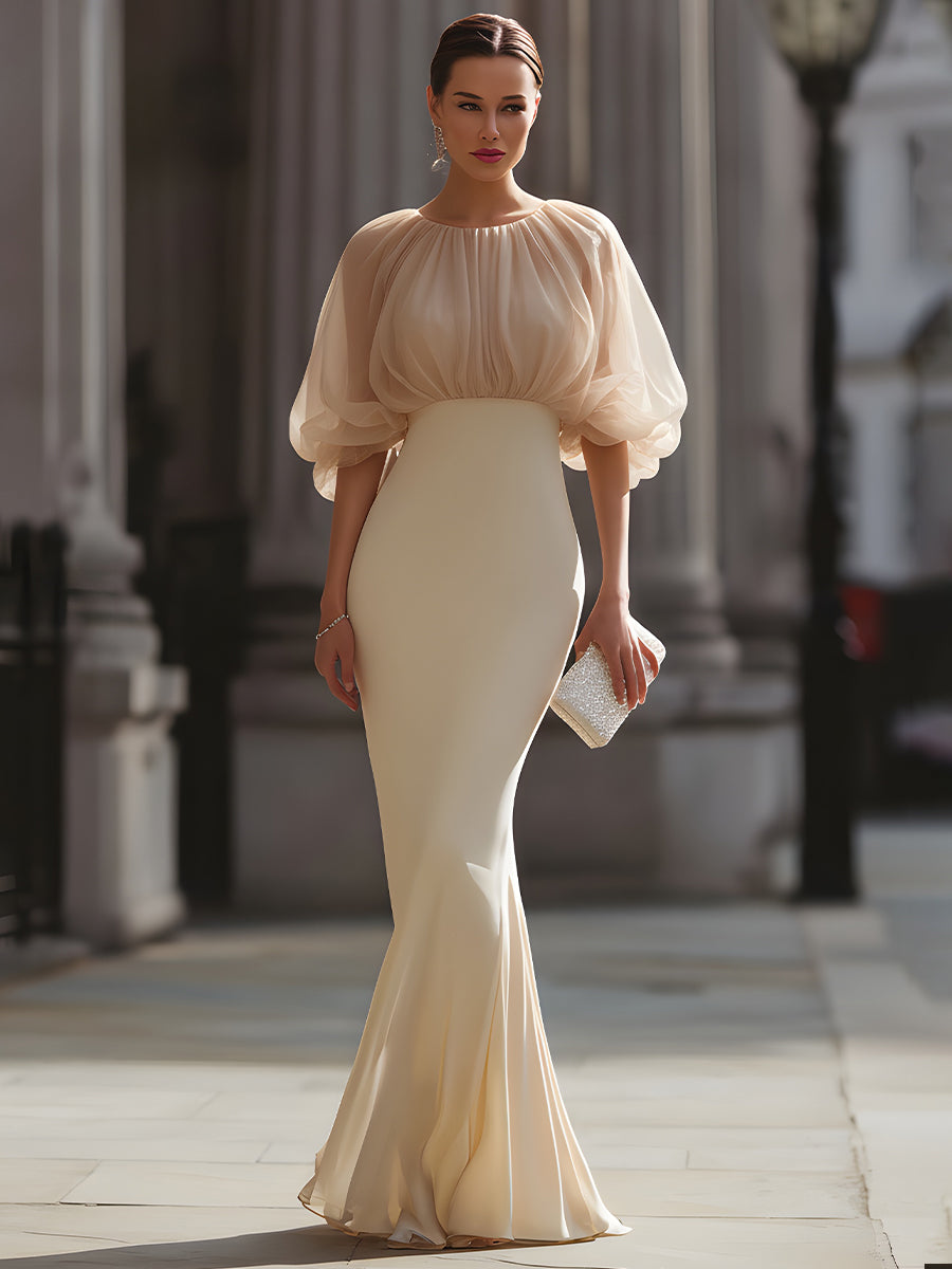 Léon Varel Gathered Sheer Sleeve Mermaid Evening Dress