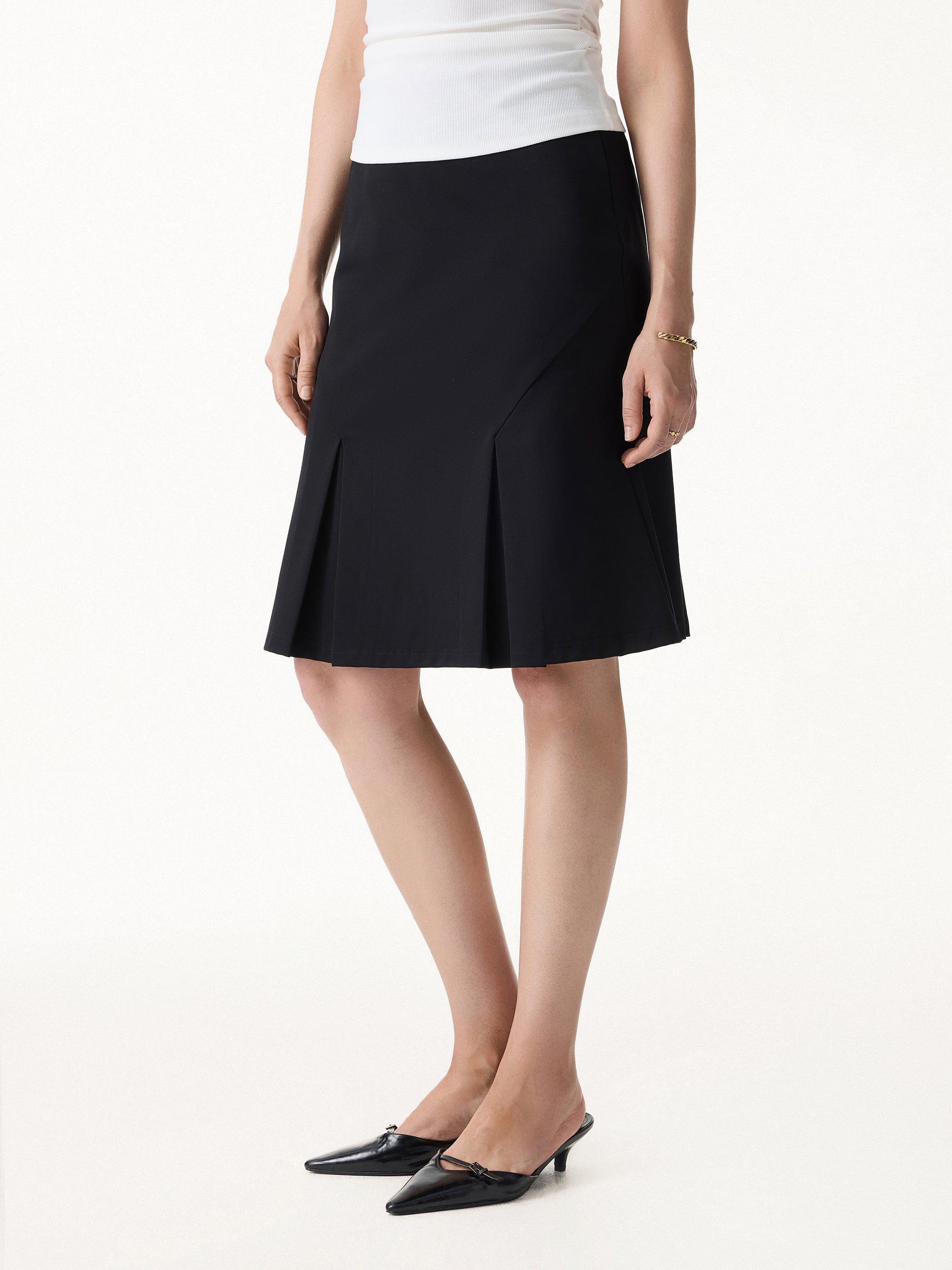 4-Way Stretch Knee Length Pleated Flare Skirt