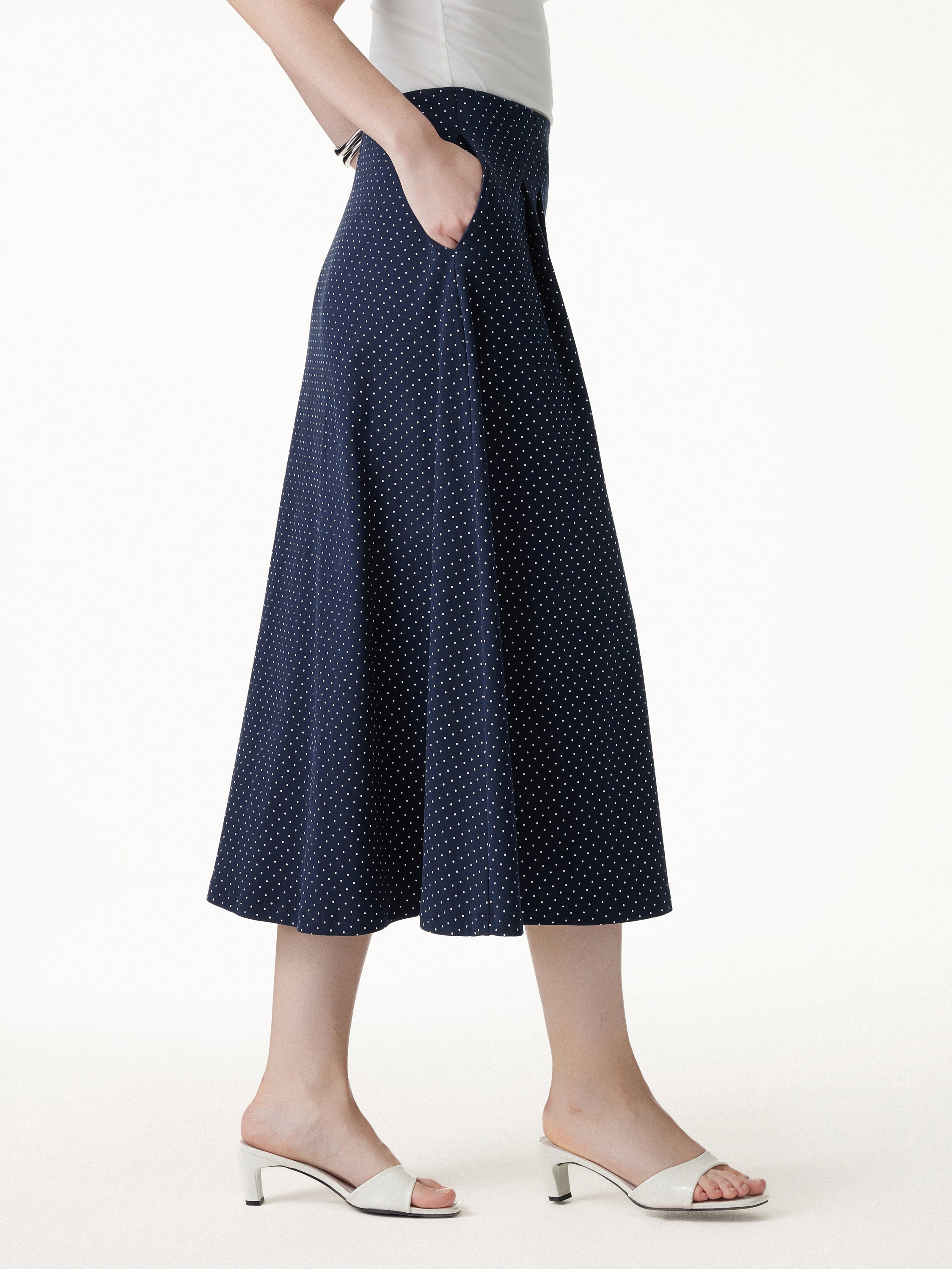 Polka Dots Flared Midi Skirt with Pockets