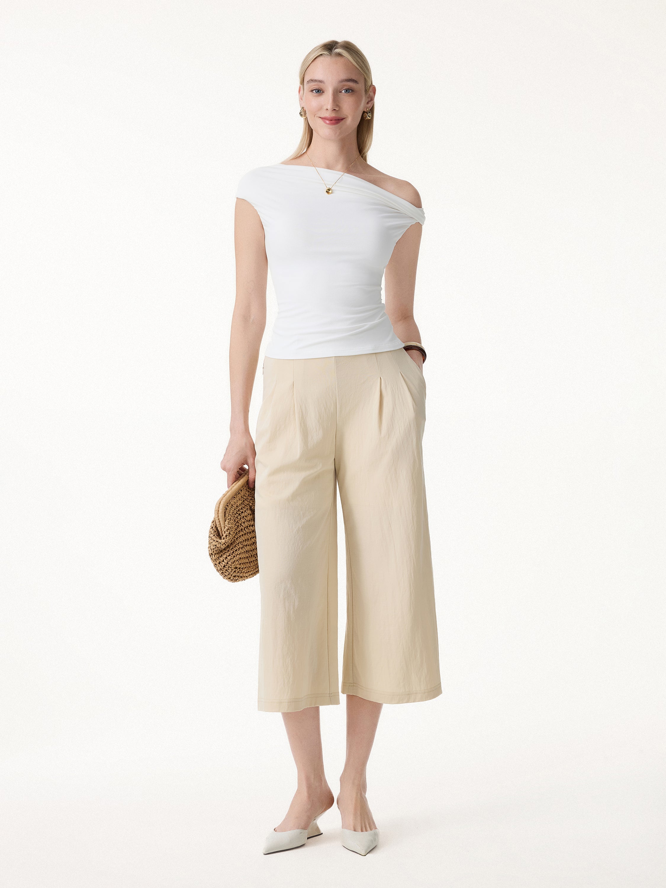 Wrinkle-Resistant Linen-Like Cropped Wide Leg Pants