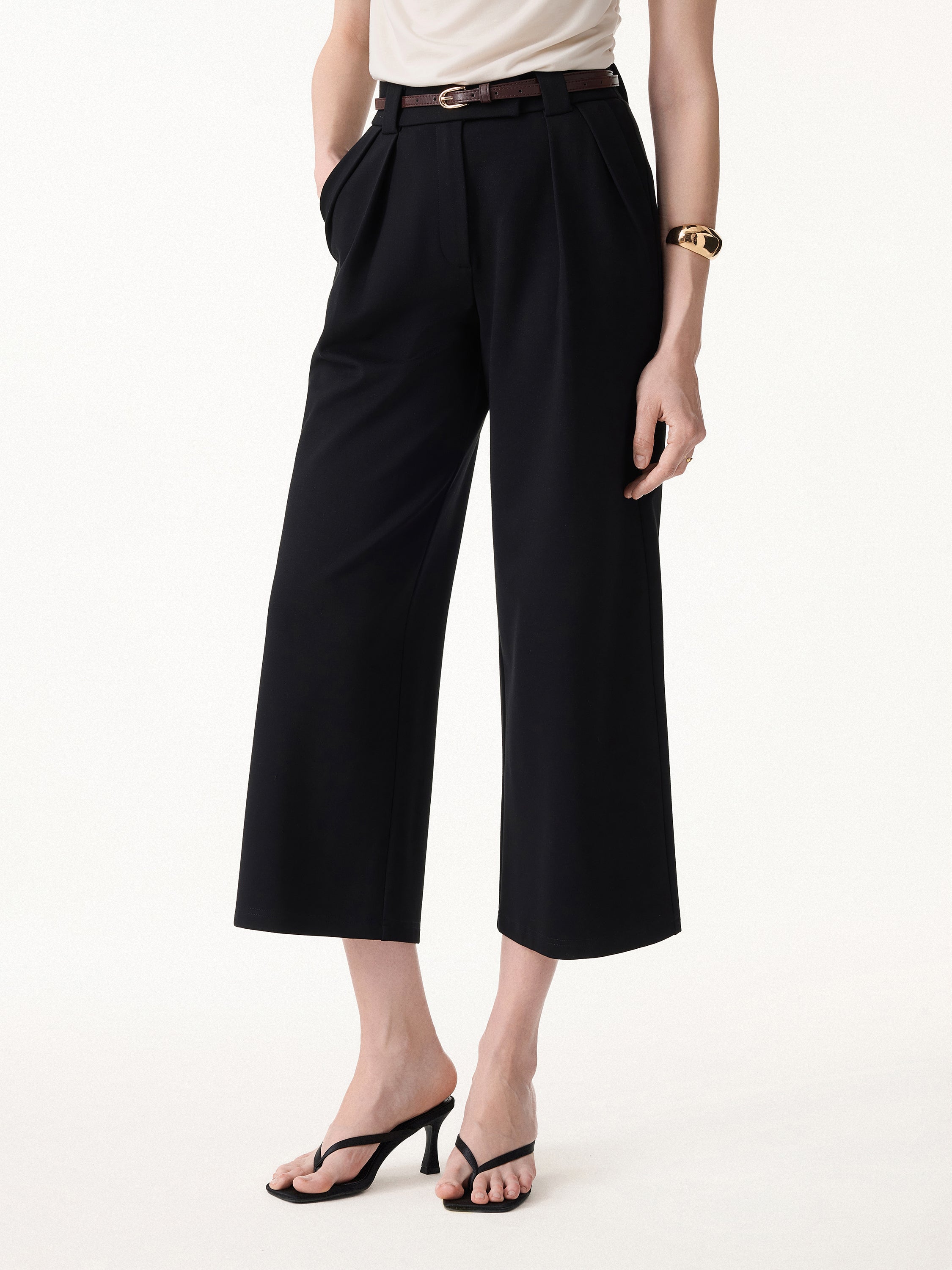 Stretch Ponte Cropped Wide Leg Trousers