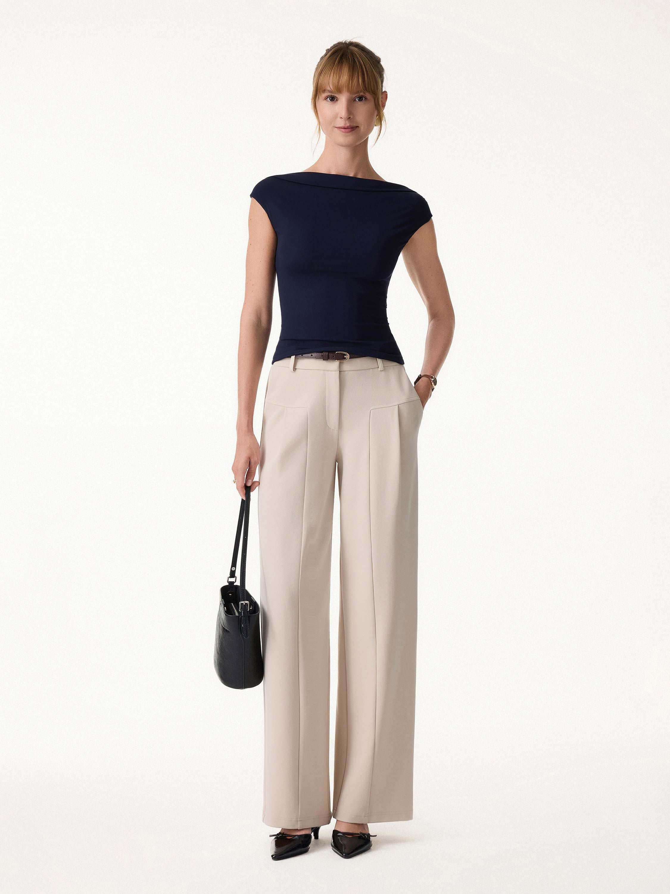 Stretch Cotton Mid Rise Wide Leg Trouser
