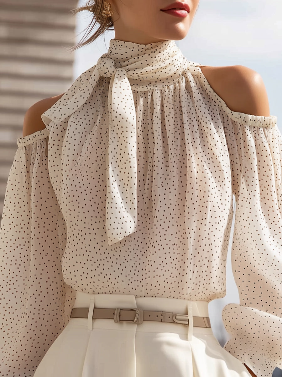 Léon Varel Polka Dot Cold-Shoulder Chiffon Blouse With Scarf Tie