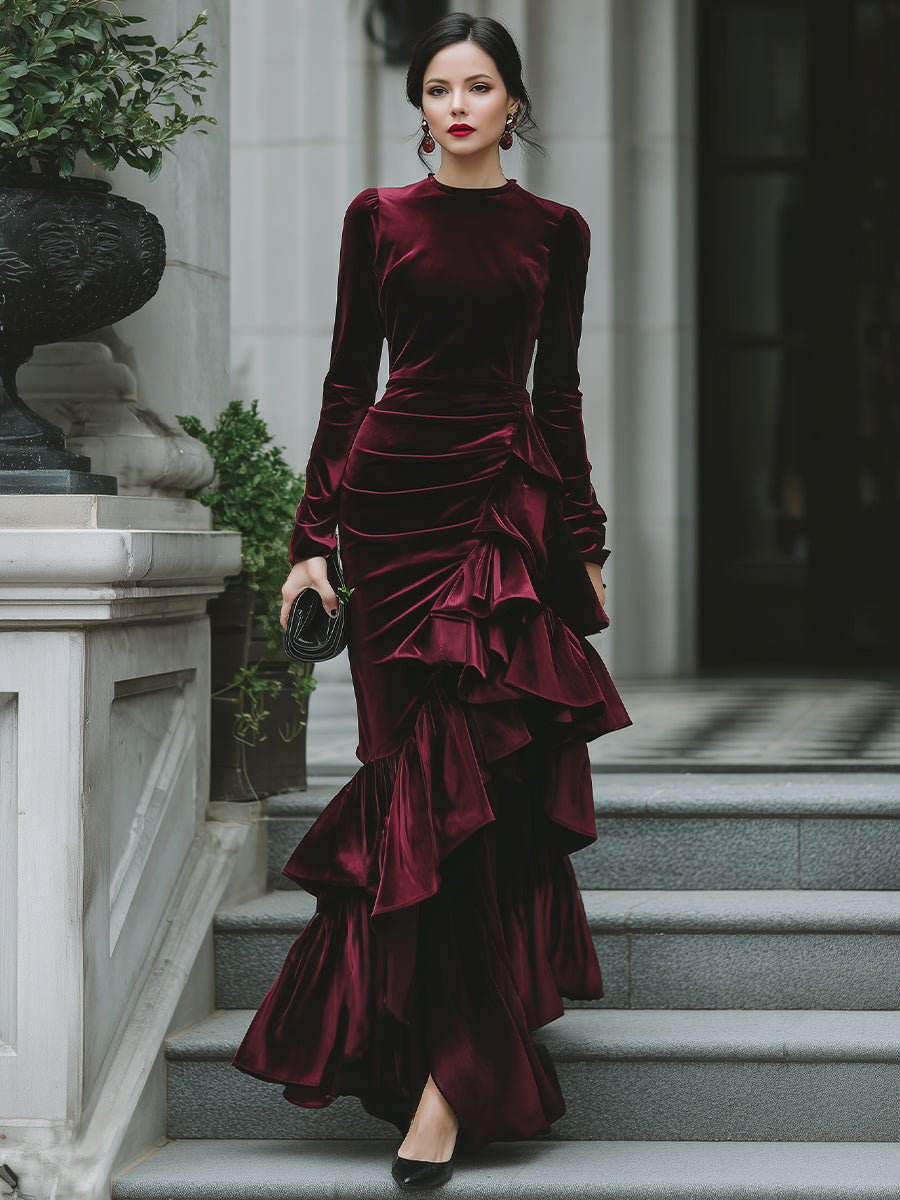 Léon Varel Long Sleeve Ruffled Tier Evening Gown
