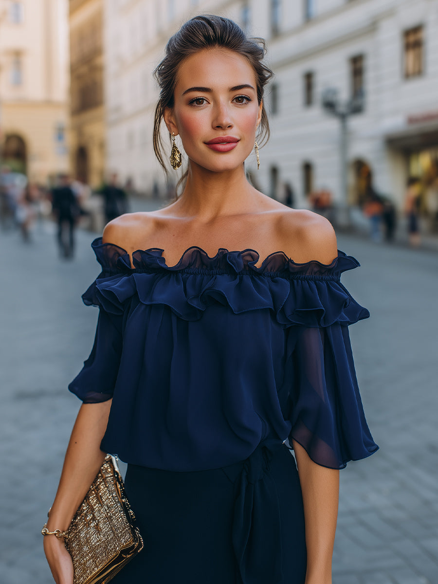 Léon Varel Off-Shoulder Ruffled Chiffon Top