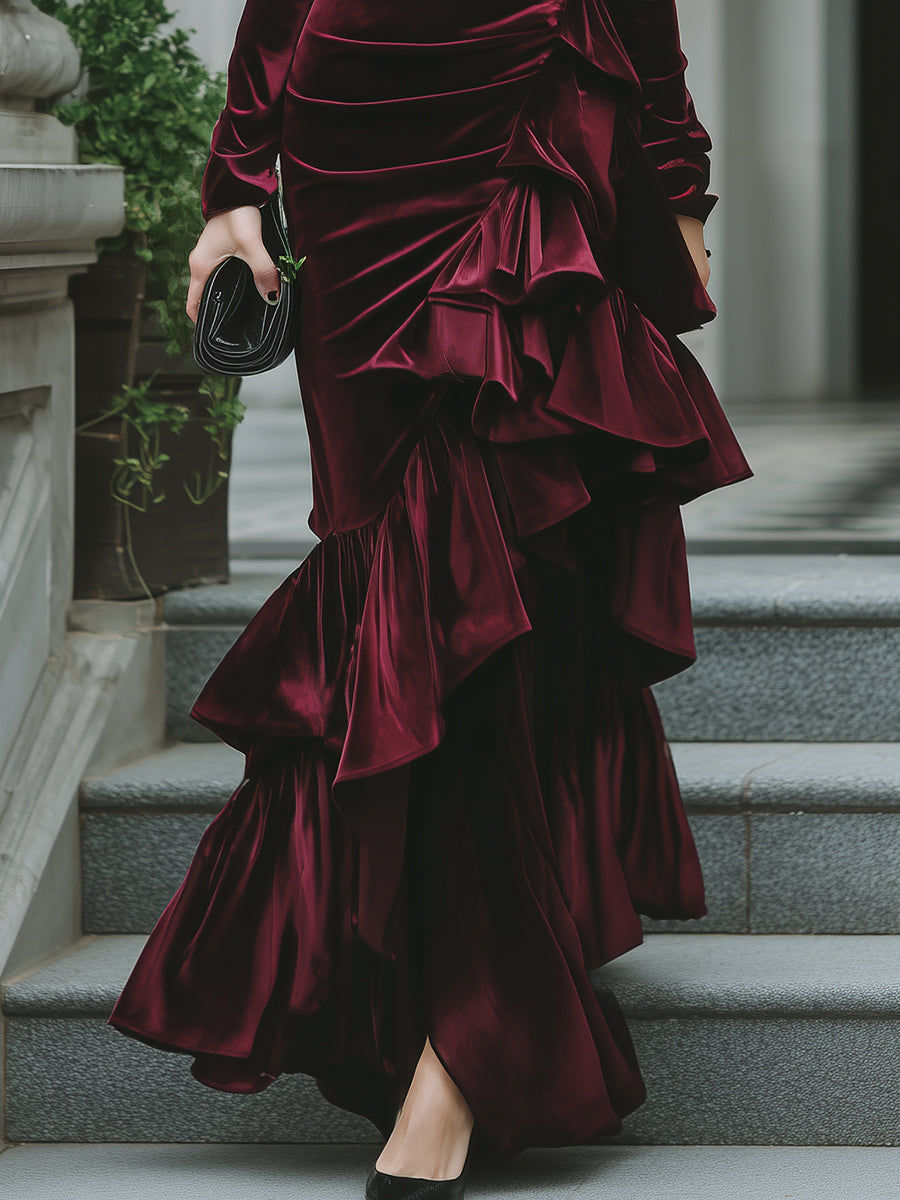 Léon Varel Long Sleeve Ruffled Tier Evening Gown