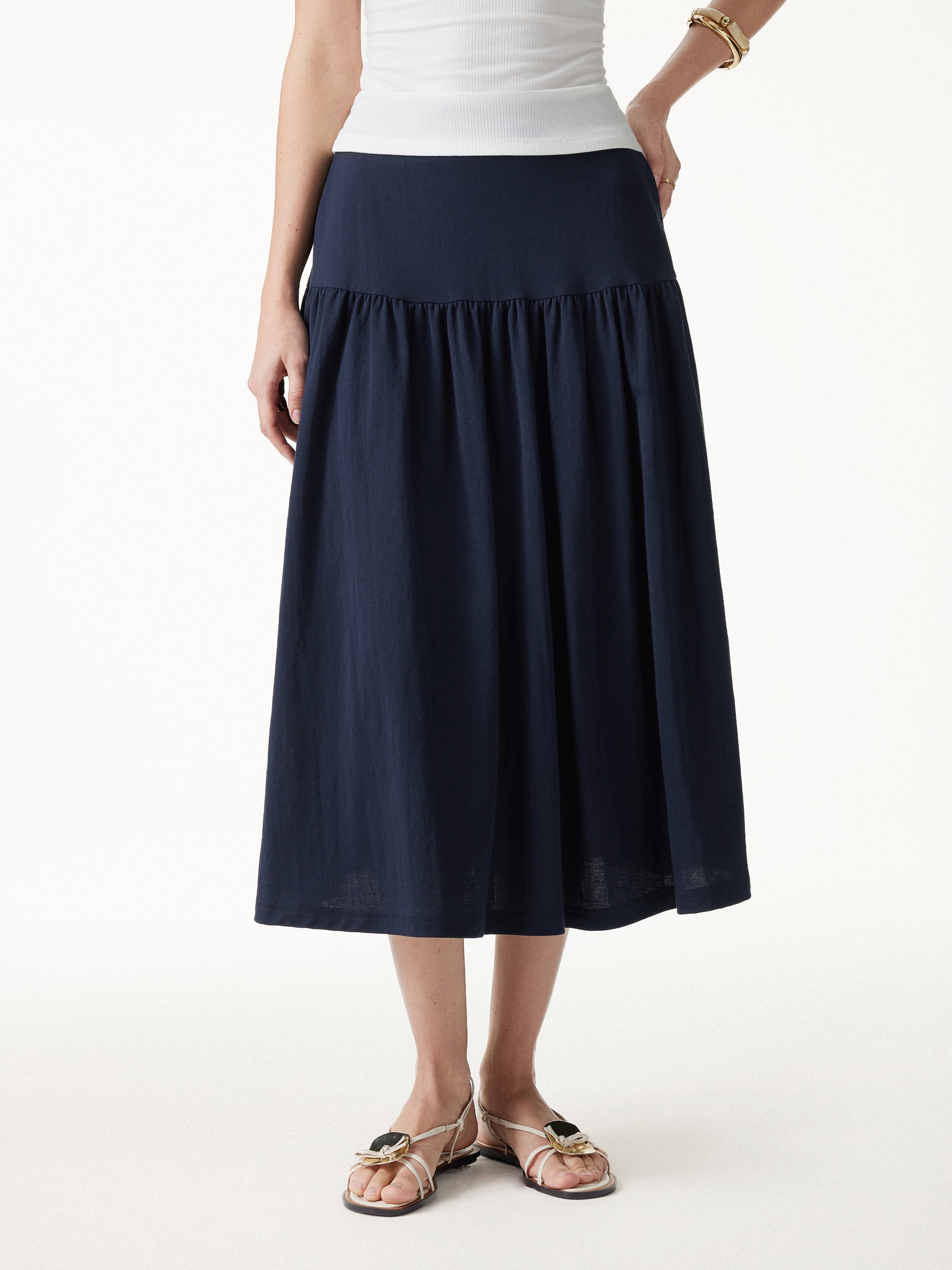 Cotton-Linen Gathered Midi Skirt with Pockets