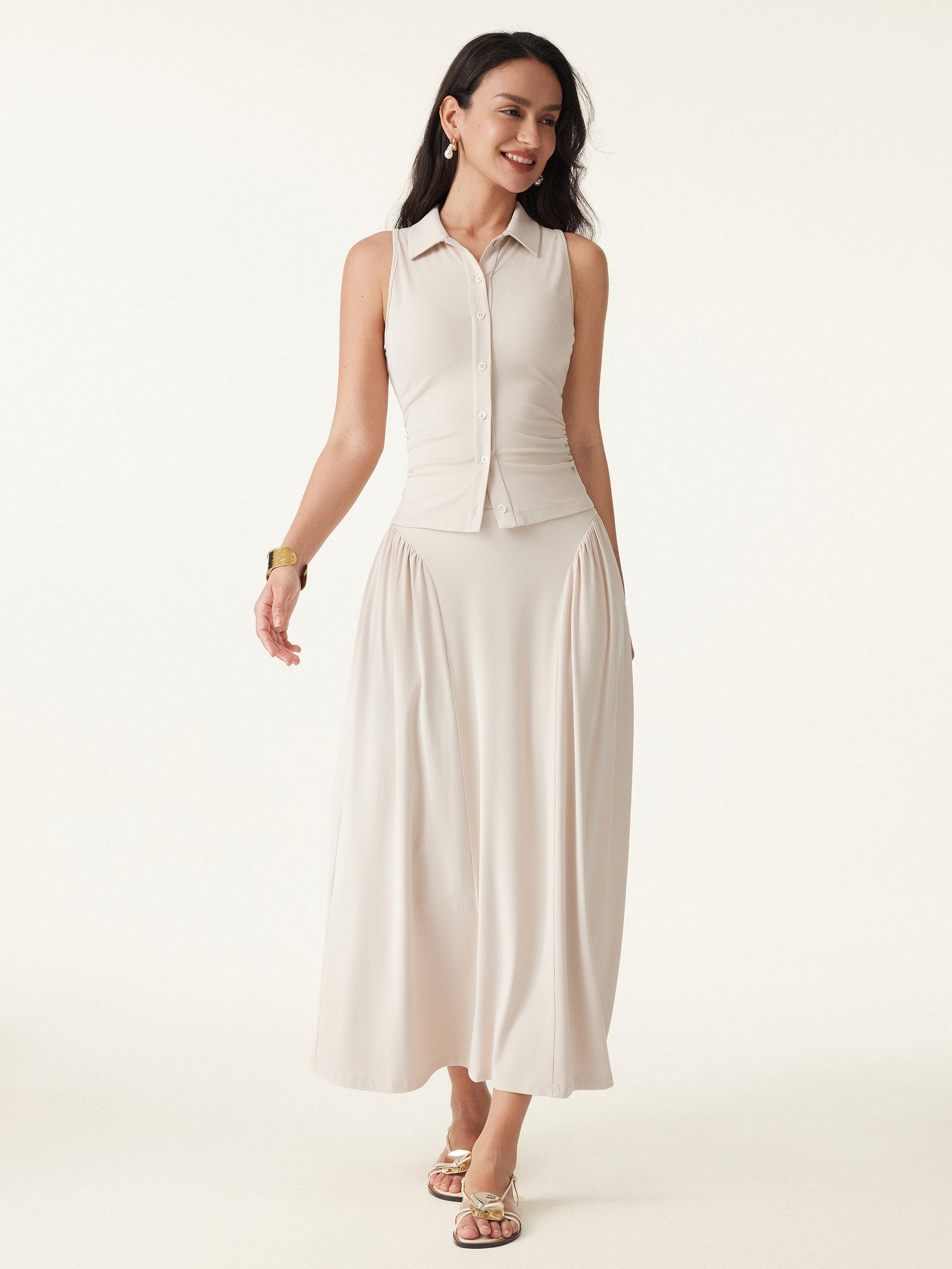 Curved Gathering Flared Midi Skirt with Pockets