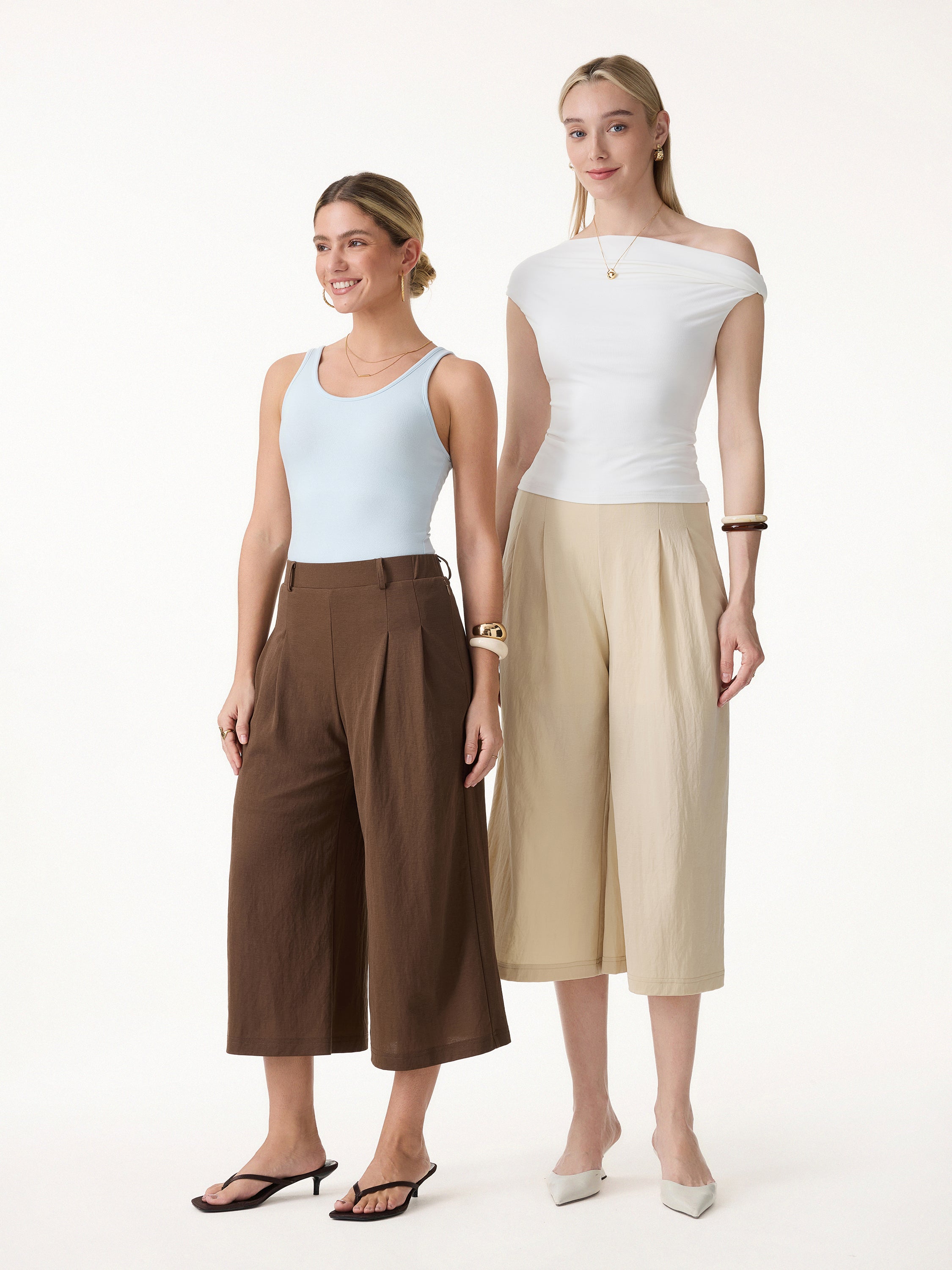 Wrinkle-Resistant Linen-Like Cropped Wide Leg Pants