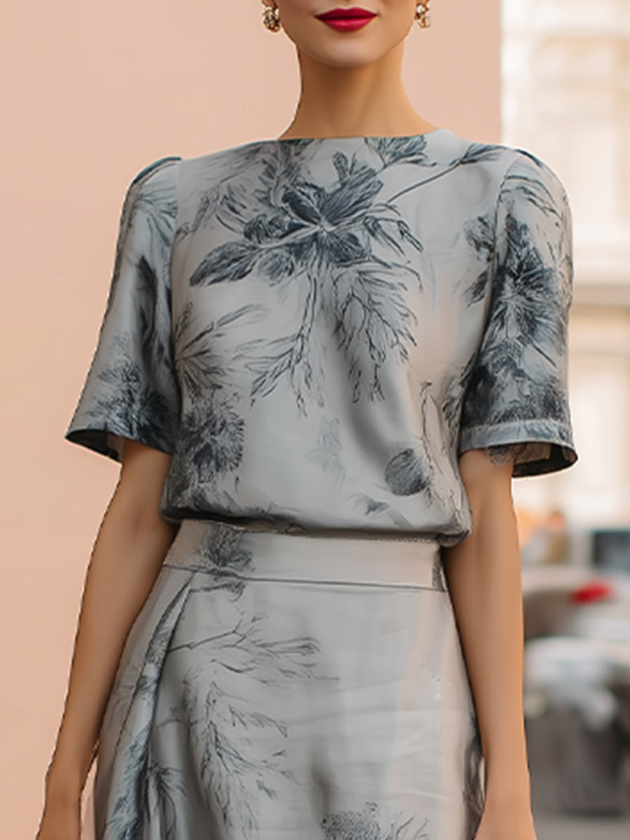 Léon Varel Ethereal Silver-Grey Floral Printed Two-Piece Maxi Set
