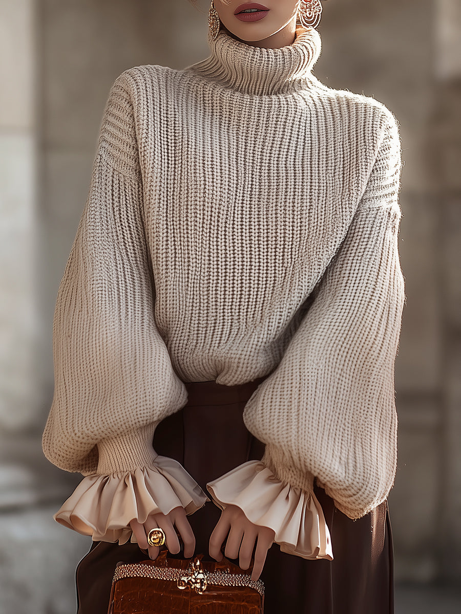 Léon Varel Cream Knit Turtleneck Sweater With Ruffled Cuffs