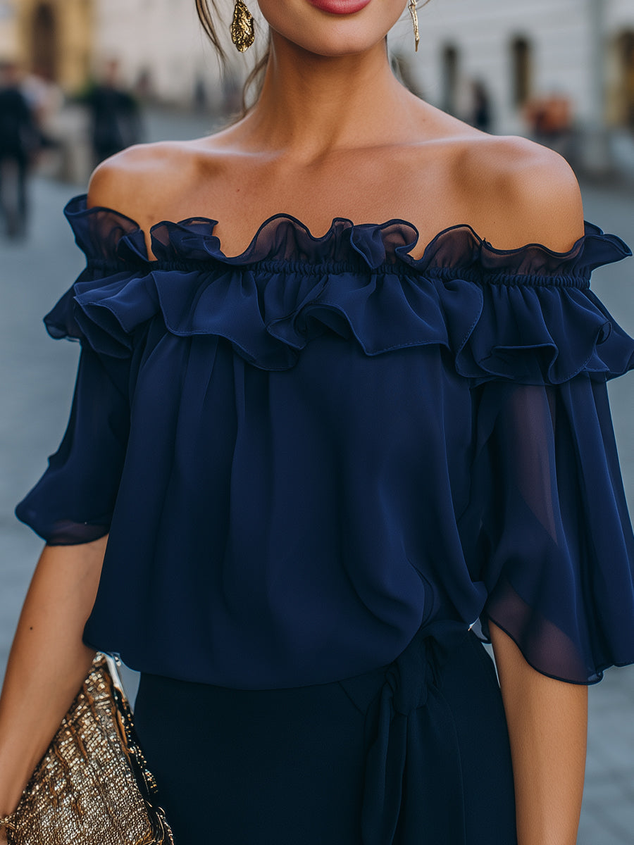 Léon Varel Off-Shoulder Ruffled Chiffon Top