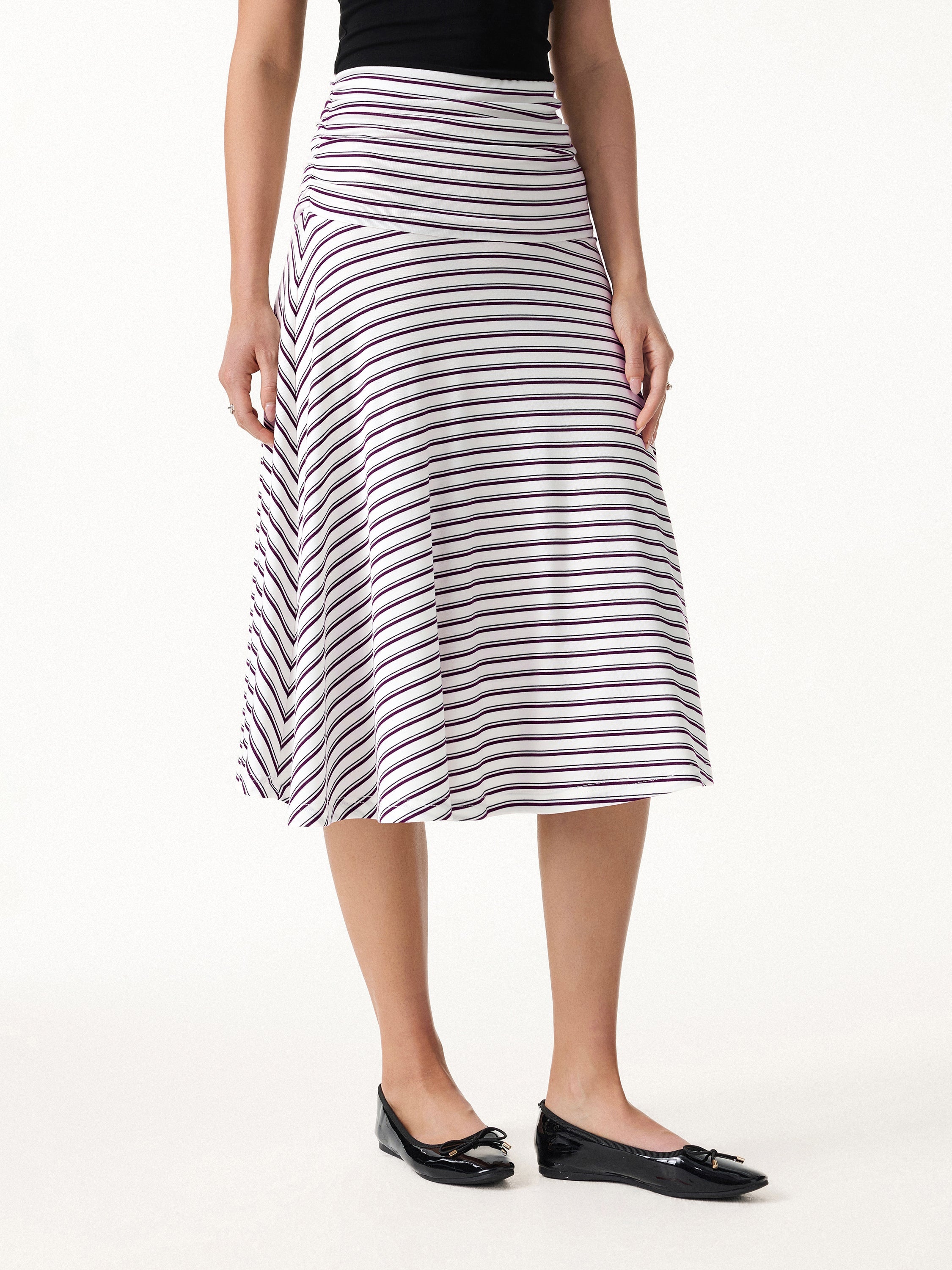 Flowy Striped Circle Flare Ruched Midi Skirt