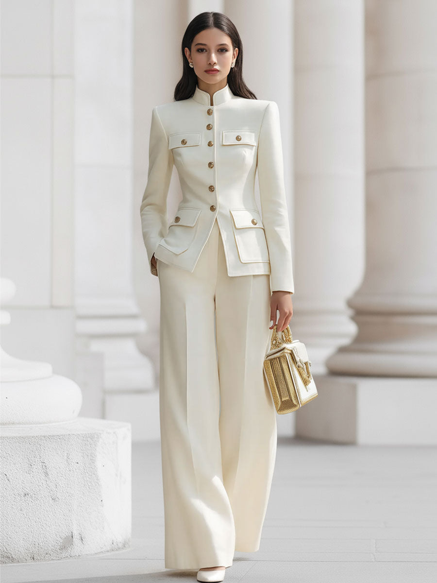 Léon Varel Elegant Cream Military-Inspired Tailored Suit Set With Gold Accents