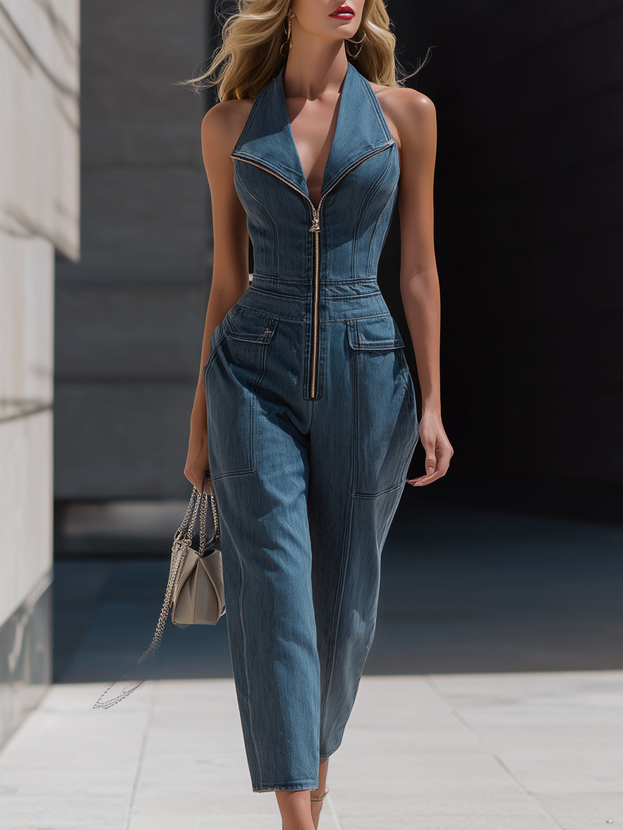 Léon Varel Denim Halter Neck Zip-Front Cropped-Leg Jumpsuit
