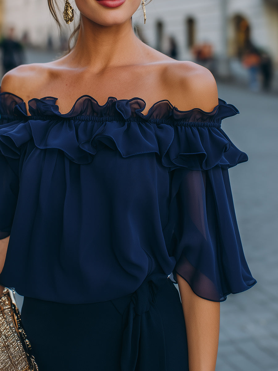 Léon Varel Off-Shoulder Ruffled Chiffon Top